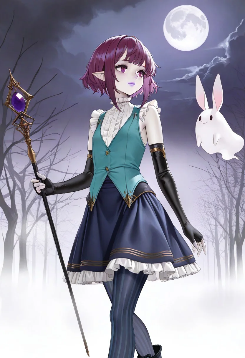 masterpiece, best quality, very aesthetic, absurdres,
1girl, solo, cowboy_shot,
rabbit necromancer,
pointy ears, purple eyes, purple hair, short hair, bangs, sidelocks, purple lips, flat chest, pale skin,
frilled shirt, sleeveless shirt, white shirt, aqua vest, elbow gloves, fingerless gloves, black gloves, dark blue skirt, frilled skirt, striped pantyhose, dark blue pantyhose, ankle boots, black footwear,
holding scepter,
looking to the side, smile, closed mouth, walking,
outdoors, night, full moon, bare tree, cloudy sky, cloud, fog, dark,
rabbit ghost,
az-ys-il