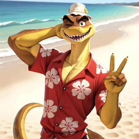 uncensored, masterpiece, best quality, highly detailed, realistic, 1boy, solo, MRSK, furry, anthro, scalie, snake, black eyebrows, black eyes, brown body, brown scales, yellow body, yellow scales, two tone body, two tone scales, red hawaiian shirt, white bucket hat, hat pin, hand behind head, upper body, standing, smile, open mouth, looking at viewer, outdoors, beach, sand, water, detailed background, sharp teeth, front view, peace sign, 5 fingers, muscular male, tall male, mature male, medium tail, one eye closed, raised eyebrow