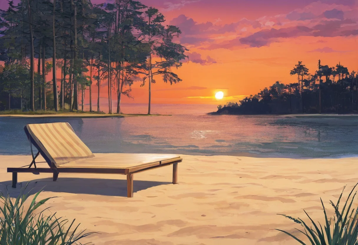 "beautiful evening beach scene on the southern coast of Russia in the style of 'Everlasting Summer', stunning red sunset, vivid red and orange hues in the sky, soft warm light reflecting off the gentle waves, a few lush green birch trees to the side, golden sandy shore, scattered seashells glistening in the fading light, calming and serene atmosphere, soft breeze rustling through the leaves, distant seagulls flying over the horizon, small bonfire with warm glow illuminating the sand, cozy beach chairs and a surfboard leaning against a birch tree, a couple of lanterns casting soft shadows, gentle lapping of waves on the shore, romantic and inviting ambiance, highly detailed, vibrant colors, ultra-high-definition, cinematic composition, digital painting, visual novel style, inspired by 'Everlasting Summer'"