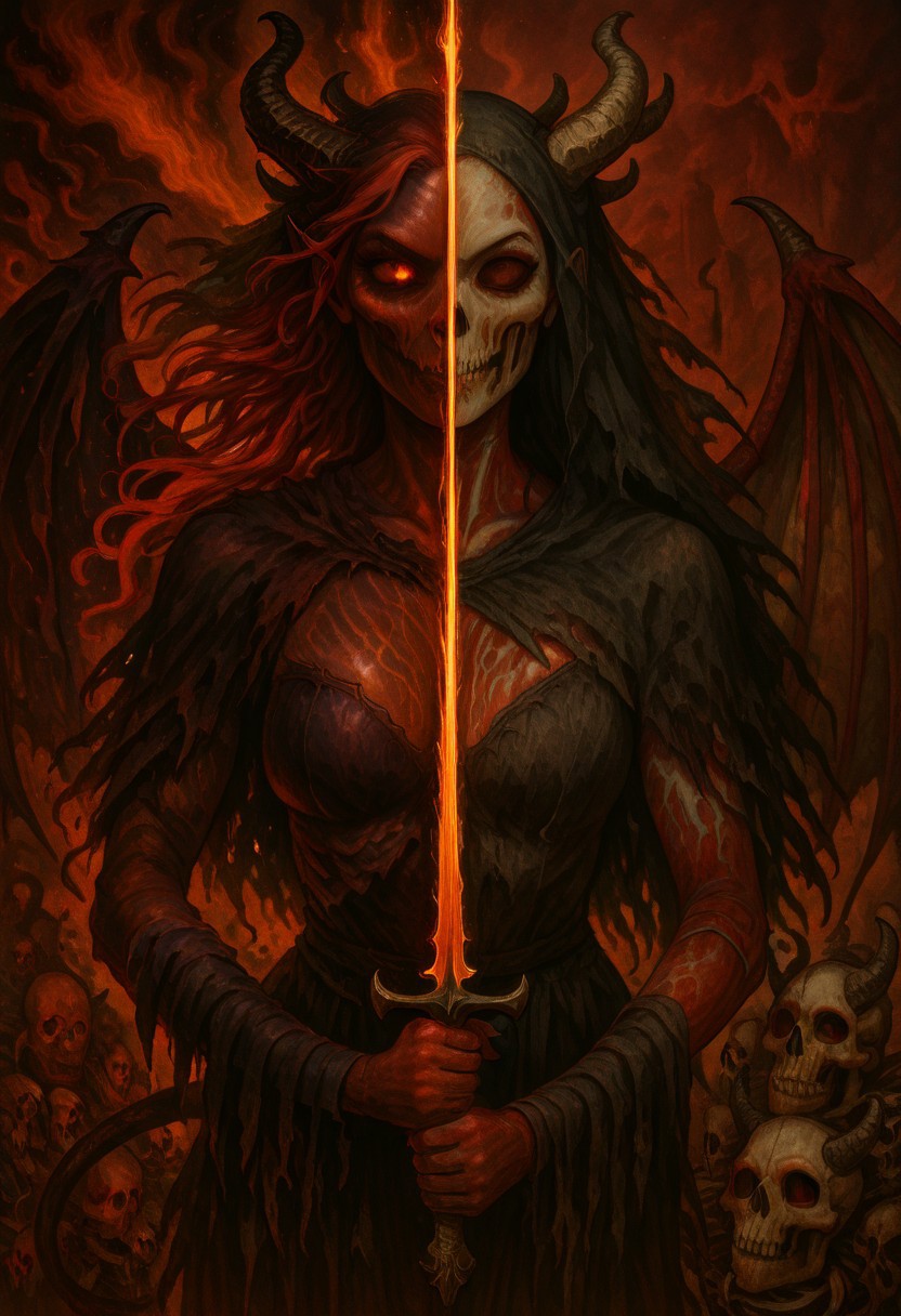 masterpiece, best quality, newest, absurdres, highres, 
DUSV1.0, split screen, split theme, dual persona, transformation, dark persona, holding sword, sword, holding weapon, holding, weapon,
1girl, red skin, red colored skin, demon girl, succubus, demon horns, horns, demon wings, demon tail, wings, horror (theme), monster girl, skull, skull mask, bones, skeleton, veil, veiled face, mask,