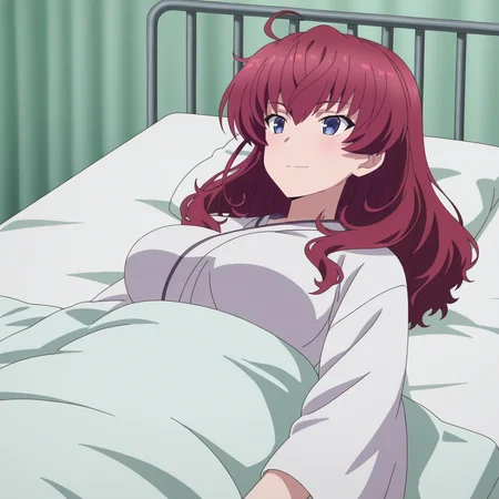 Suzuka Konohana, toji no miko style, 1girl, solo, long hair, red hair, bangs, ahoge, hair down, blue eyes, large breasts, white robe, lying in hospital bed, on back, light smile, under covers
BREAK
inside hospital
BREAK
anime screencap, anime coloring, anime colored background, detailed background, detailed face, shiny skin, shiny hair, absurdes, highres, dynamic pose, masterpiece, best quality, official art, cel shaded, graphic illustration, digital painting, CGI, very detailed, amazing quality, intricate details, dynamic pose, HDR, UHD, 8K, Fineline illustration, Highly detailed, ultra-fine painting, sharp focus, Professional, Vivid Colors <lora:add-detail-xl:1> <lora:DetailedEyes_V3:1> <lora:Toji_no_miko_character_pack_Illustrious:1>