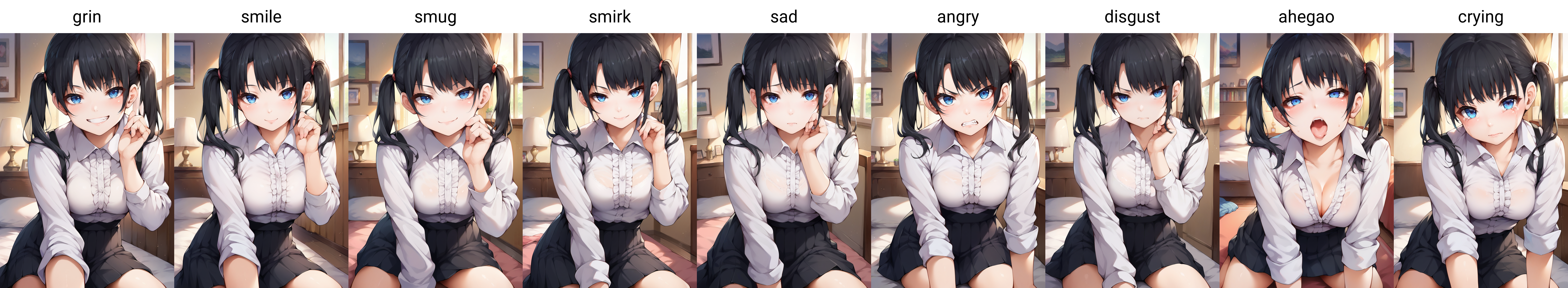 score_9, score_8_up, score_7_up, source_anime, 1girl,blue eyes,twintails, black hair, white blouse,  black skirt, grin,looking at viewer, from front, bedroom, indoors,   <lora:blastbeat-Style-PonyXL-000017:1>