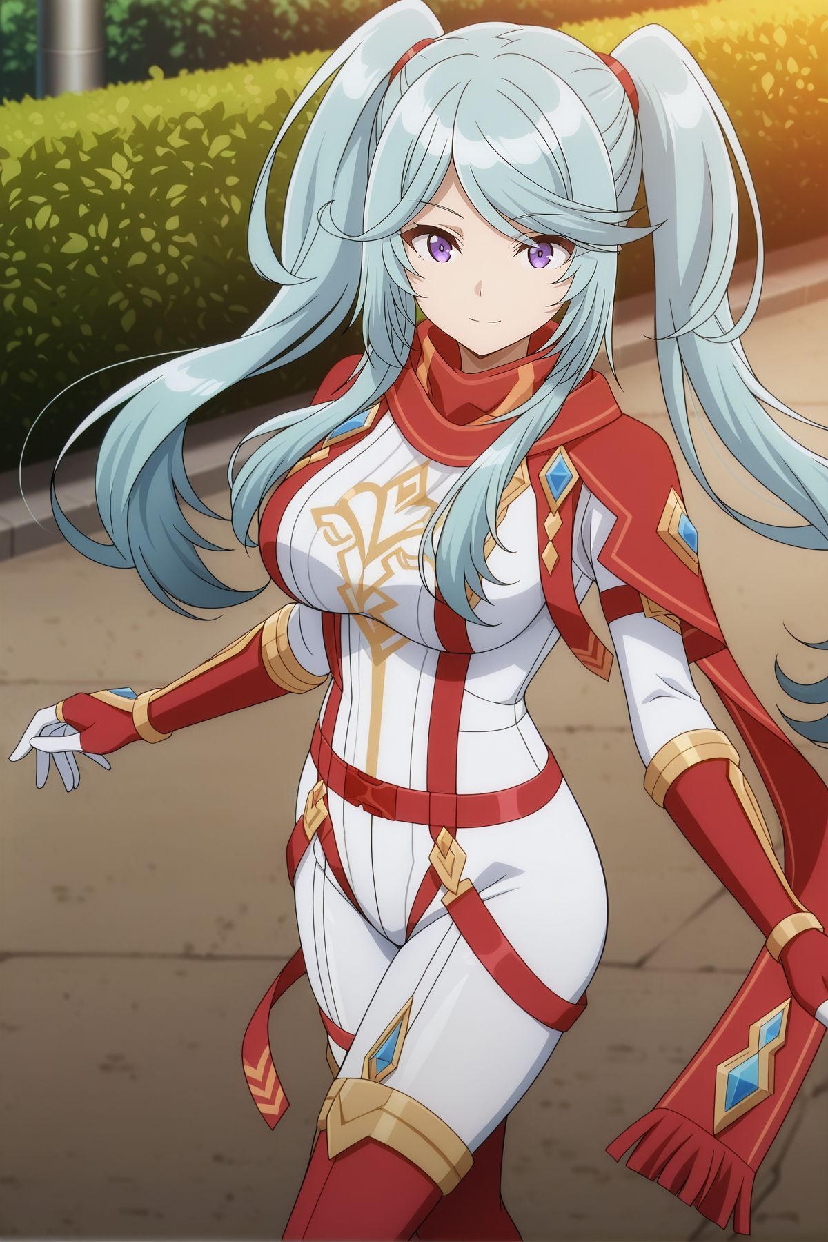 absurdres, highres, masterpiece, best quality, amazing quality, official anime artwork, screencap, anime screencap, outdoors, looking at viewer, light smile, dynamic pose, standing,
 <lora:Epsilon_Illustrious:1> Epsilon, 1girl, solo, purple eyes, blue hair, long hair, twintails, swept bangs, sidelocks, medium breasts,, red scarf, white bodysuit, gold trims, blue gem, white gloves, red gloves, red belt, thigh straps, red thighhighs,