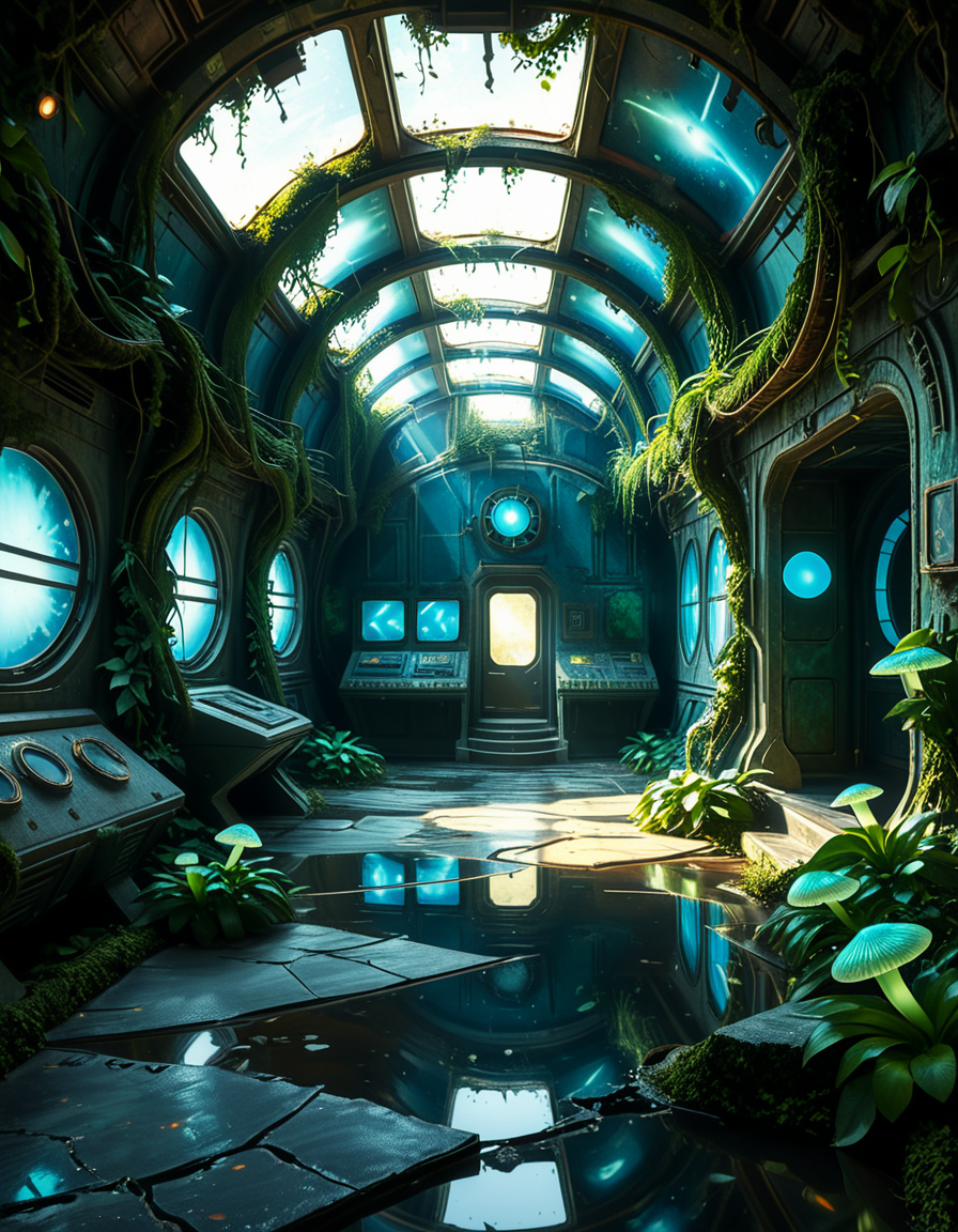 The interior of an ancient abandoned spaceship, overtaken by lush vegetation. The walls and ceiling are covered in thick, twisting vines and moss. Strange alien plants glow faintly in shades of blue and green, casting an eerie, mystical light across the metallic surfaces. Rusted control panels and shattered glass windows hint at a long-forgotten past. The floor is cracked and partially flooded with still, reflective water. Patches of bioluminescent fungi cling to the corners, adding a surreal atmosphere. The air feels heavy with moisture, and beams of soft, diffused light filter through holes in the hull, creating dramatic shafts of light and shadow. The overall style is hyper-realistic, rich in textures, with a cinematic and slightly melancholic mood.<lora:SDXLFaeTastic2400:0.4> <lora:extremely_detailed:0.4> extremely detailed,<lora:ancient_abandoned_sp4c3sh1p:1>,ancient abandoned sp4c3sh1p, Masterpiece,best quality,hi res,8k,hi res,8k,award winning,(sharp focus, intricate, highly detailed),