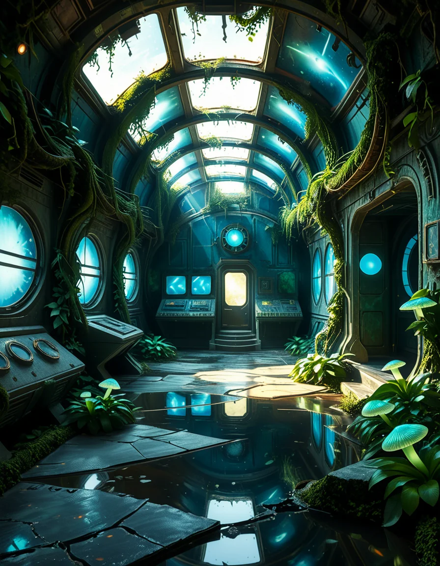 The interior of an ancient abandoned spaceship, overtaken by lush vegetation. The walls and ceiling are covered in thick, twisting vines and moss. Strange alien plants glow faintly in shades of blue and green, casting an eerie, mystical light across the metallic surfaces. Rusted control panels and shattered glass windows hint at a long-forgotten past. The floor is cracked and partially flooded with still, reflective water. Patches of bioluminescent fungi cling to the corners, adding a surreal atmosphere. The air feels heavy with moisture, and beams of soft, diffused light filter through holes in the hull, creating dramatic shafts of light and shadow. The overall style is hyper-realistic, rich in textures, with a cinematic and slightly melancholic mood.<lora:SDXLFaeTastic2400:0.4> <lora:extremely_detailed:0.4> extremely detailed,<lora:ancient_abandoned_sp4c3sh1p:1>,ancient abandoned sp4c3sh1p, Masterpiece,best quality,hi res,8k,hi res,8k,award winning,(sharp focus, intricate, highly detailed),