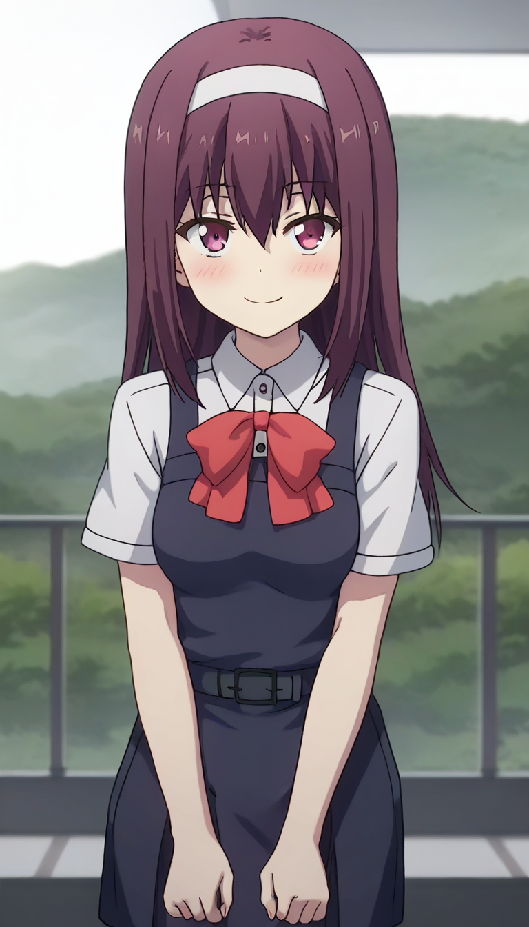 score_9,score_8_up,masterpiece,best quality,correct anatomy,anime_source,1girl,solo,perfect eyes,perfect arms,perfect legs,perfect face,outdoors,upper body,(portrait:1.5),looking at viewer,facing viewer,smile,blush,Konishi,long hair,purple hair,white hairband,sidelocks,hair between eyes,bangs,purple eyes,school uniform,red bowtie,pinafore dress,purple dress,collared shirt,white shirt,short sleeves,medium breasts,black socks,uwabaki,white footwear,<lora:Konishi(cl)-Pony:1.4>,