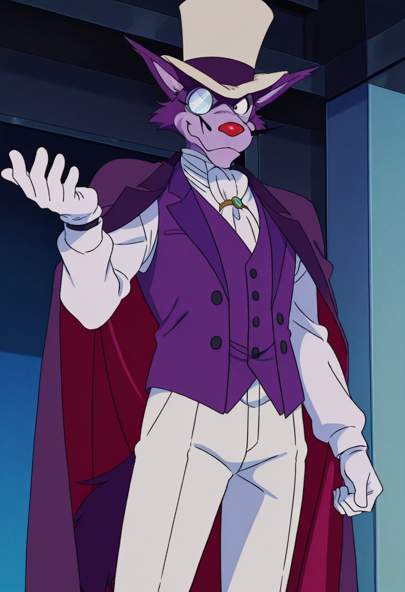 score_9, score_8_up, score_7_up, score_6_up
,
1man, solo, Professor Moriarty, wolf, purple vest, white shirt, white pants, furry, monocle of eye, whiskers, red nose, ears spread out, Anime, male, purple body, standing, anime screencap