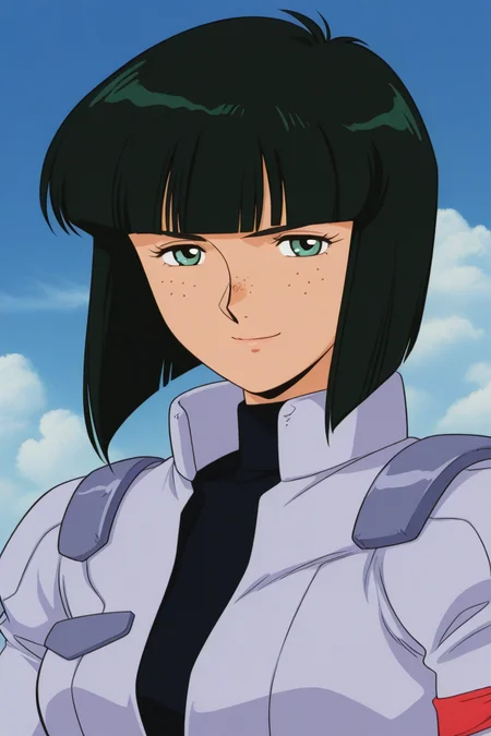 masterpiece, best quality, source_anime,official art,perfect_anatomy,1990s_\(style\),retro_artstyle,cony francis,1girl,freckles,black hair,blunt bangs,bob cut,pilot suit,(beautiful detailed face,looking_at_viewer,smile),upper body,day,blue_sky,cloud