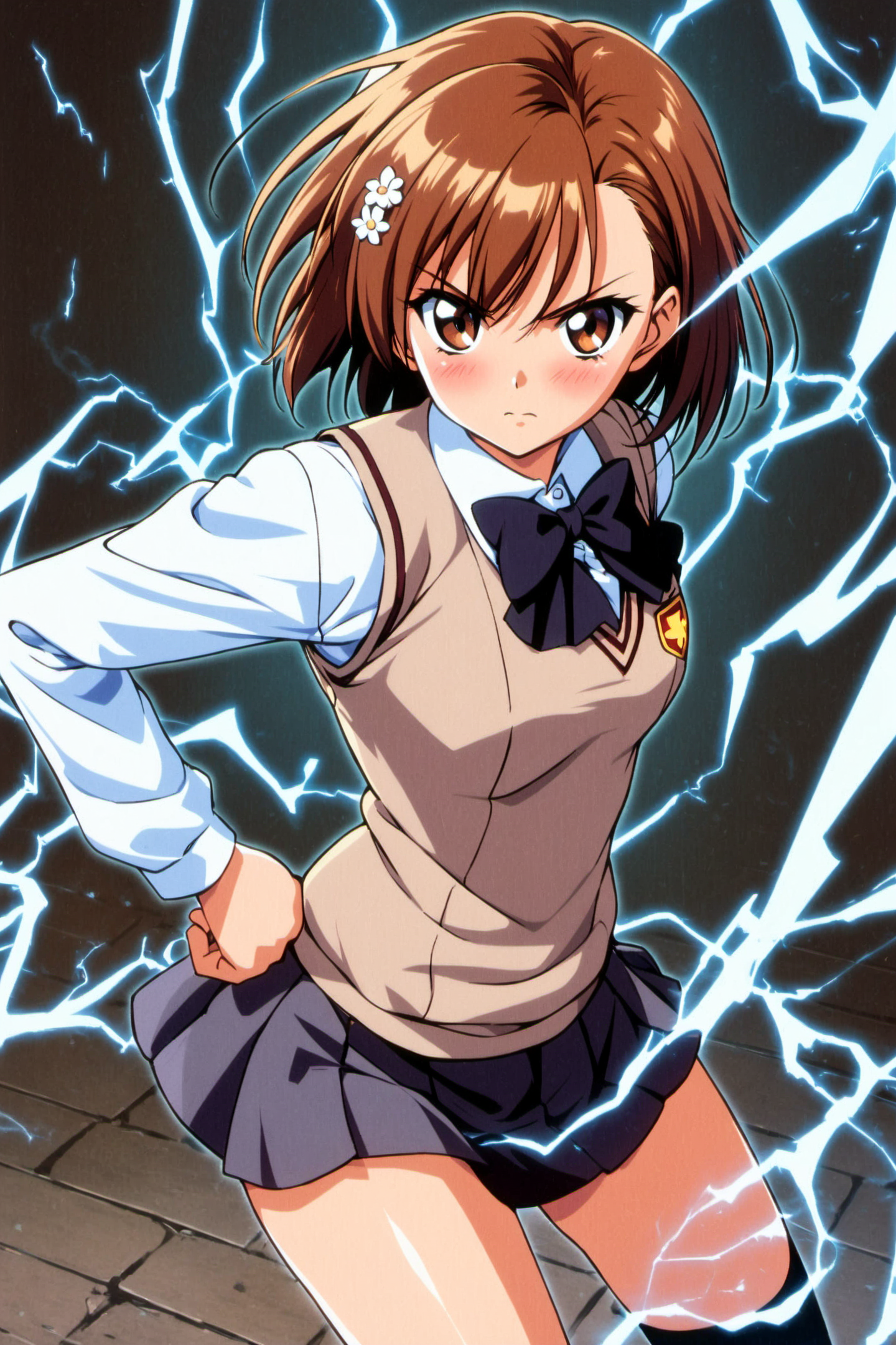 1girl,misaka mikoto,skirt,solo,brown hair,brown eyes,hair ornament,bow,pleated skirt,looking at viewer,short hair,hand on hip,bowtie,school uniform,tokiwadai school uniform,electricity,long sleeves,bangs,black skirt,blush,shirt,breasts,cowboy shot,closed mouth,hair flower,white shirt,sweater vest,electrokinesis,black bow,black bowtie,thighs,
<lora:Tokimeki Memorial 2_XL:0.8>,