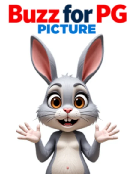 a movie poster with large text across the top that says "Buzz for PG Picture" in big bold red font with blue shadows. A cartoon character bunny rabbit with BIG CUTE EYES as if to be pleading with his hands out for donations to charityâââ