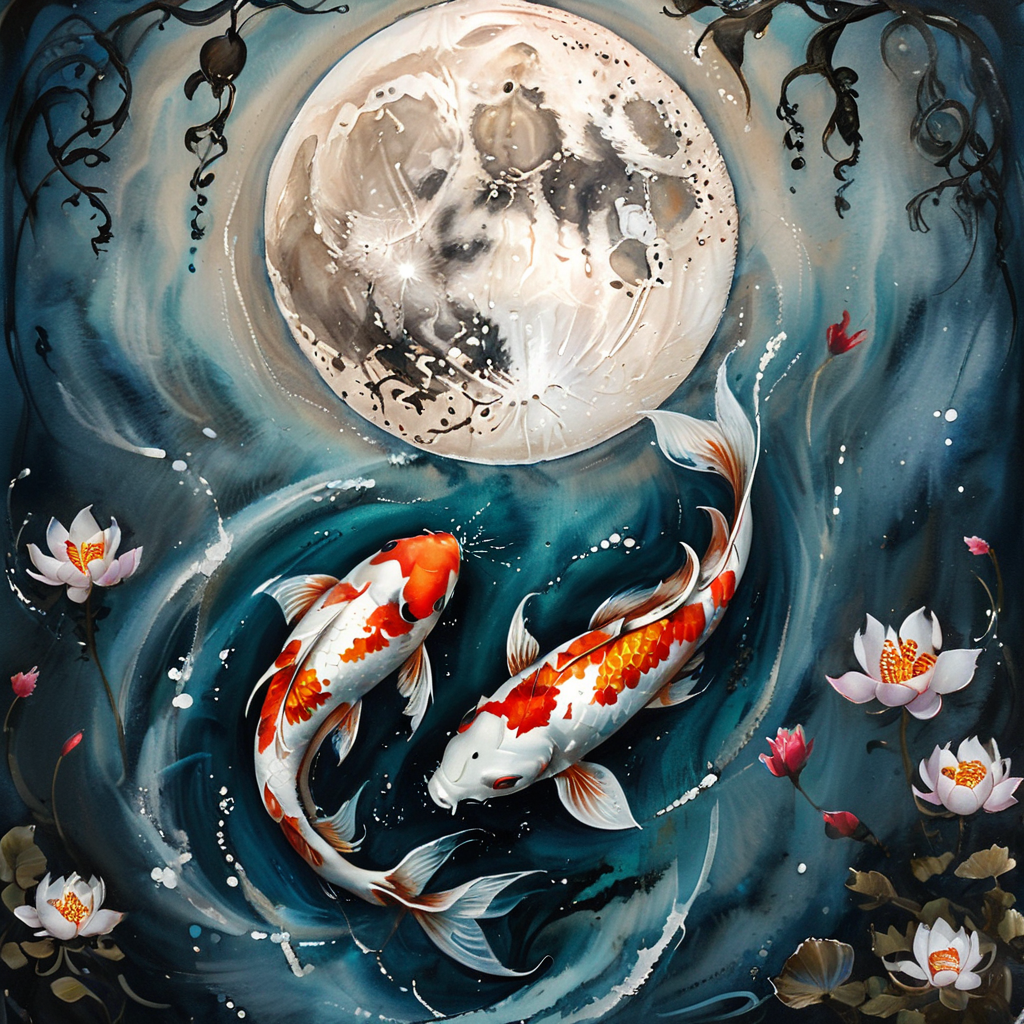 ArsMJStyle, Pisces, The image shows a painting of two koi fish swimming in front of a full moon surrounded by a white background. The painting is a representation of the zodiac sign of the fish with its vibrant colors and intricate details., no humans, round image, fish, painting (medium), traditional media, circle, watercolor (medium), moon, animal focus, acrylic paint (medium) Score_9, score_8_up, score_7_up, score_6_up,   <lora:ArsMJStyleXL:1> ArsMJStyleXL,