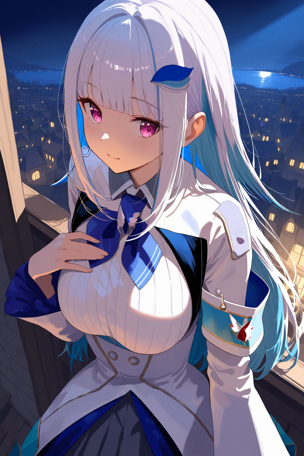 masterpiece, high score, great score, absurdres,
night, moonlight, sidelighting,
1girl, solo, upper body, from above, close-up,
lize helesta,
lize helesta 1st costume,
virtual youtuber,
long hair, blunt bangs, multicolored hair, blue hair,
hair flaps, sidelocks,
feather hair ornament,
purple eyes, parted lips, light smile, light blush,
white jacket, buttons, double-breasted, 
collared shirt, ascot, breasts,
hand on breast,
long sleeves, frilled sleeves, armband,
pleated skirt, grey skirt, 
medieval, balcony, town,
<lora:kp_LizeHelestaAnimagineXL_v1:1.0>