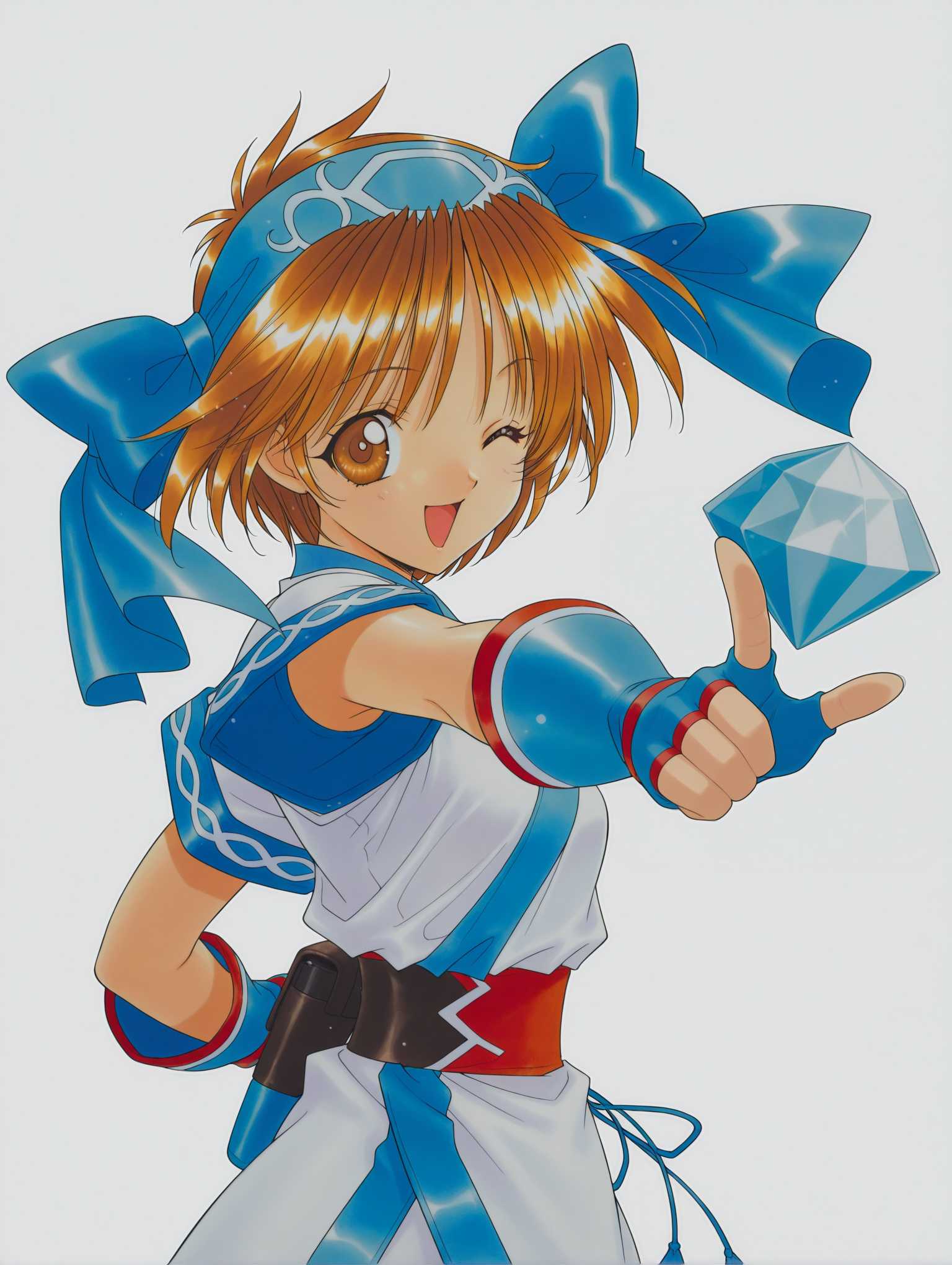 masterpiece,best quality,newest,1girl,solo,
<lora:rimururu_ilxl_v1.3:1>,n_rimu,brown hair,brown eyes,r_bow,r_clothes,fingerless gloves,Conle,crystal,<lora:Fixhands_anime_bdsqlsz_V1:1>,dynamic_angle,cinematic_angle,looking_at_viewer,white_background,simple_background,standing,upper_body,face_focus,reaching towards viewer,profile,:d,index finger raised,one eye closed,