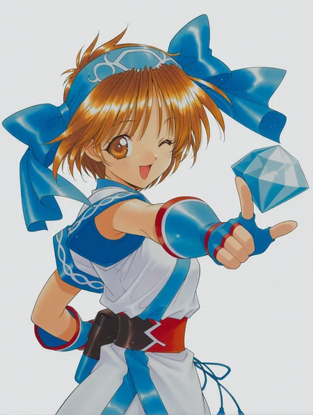 masterpiece,best quality,newest,1girl,solo,
<lora:rimururu_ilxl_v1.3:1>,n_rimu,brown hair,brown eyes,r_bow,r_clothes,fingerless gloves,Conle,crystal,<lora:Fixhands_anime_bdsqlsz_V1:1>,dynamic_angle,cinematic_angle,looking_at_viewer,white_background,simple_background,standing,upper_body,face_focus,reaching towards viewer,profile,:d,index finger raised,one eye closed,