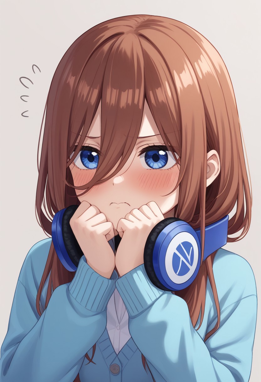 1girl, nakano miku, Go-Toubun no Hanayome, headphones around neck, puffing cheeks, angry expression, slightly blushing, embarrassed look, headphones, solo, pout, hair between eyes, blue eyes, blue cardigan, long hair, :t, brown hair, blush, shirt, white shirt, simple background, cardigan