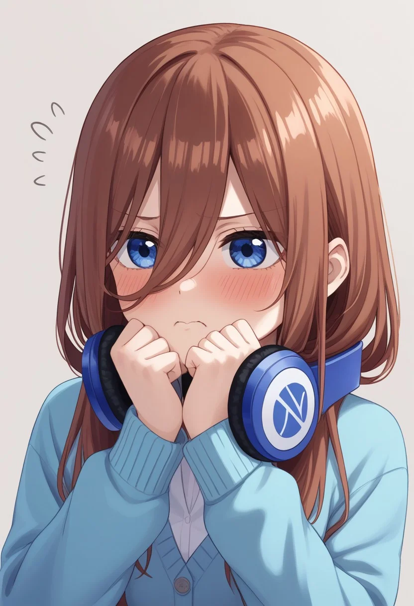 1girl, nakano miku, Go-Toubun no Hanayome, headphones around neck, puffing cheeks, angry expression, slightly blushing, embarrassed look, headphones, solo, pout, hair between eyes, blue eyes, blue cardigan, long hair, :t, brown hair, blush, shirt, white shirt, simple background, cardigan