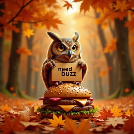 need_buzz, holding sign, ((panel with message "NEED BUZZ"))
good quality, clear image, owl, little owl, owl owl, owl sitting on a big tasty burger, made of maple leaf. In the background is a dense autumn forest, maple trees, many maple leaves, made entirely of maple leaf.