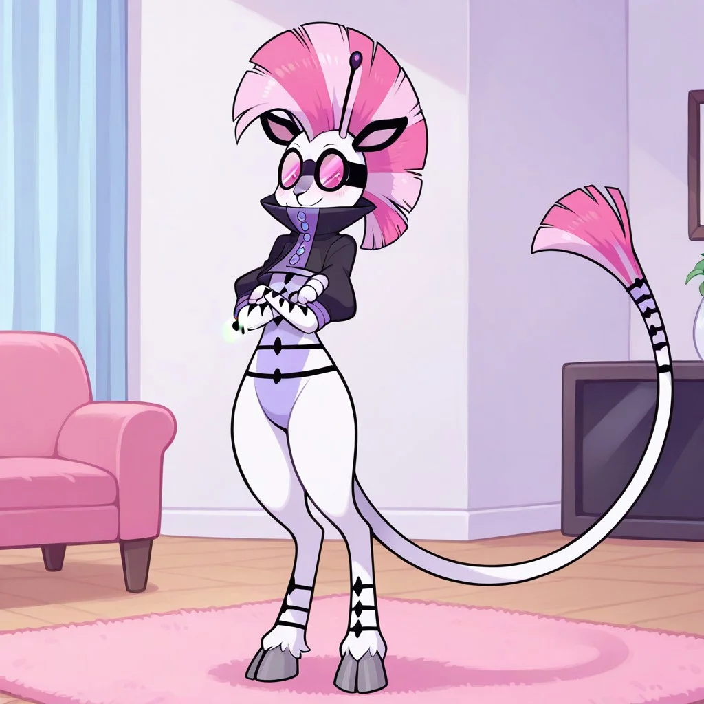 K1d_Neon(F), Solo, 1girl, anthro, furry female, tiger, goat, hybrid, white and blue fur, striped fur, black stripes, pink and blue hair, two-toned hair, mohawk, black ears, antennae, pink eyes, hooves, long tail, black goggles, black cropped jacket, short sleeves, looking at viewer, arms crossed, full body, smiling, standing, living room background