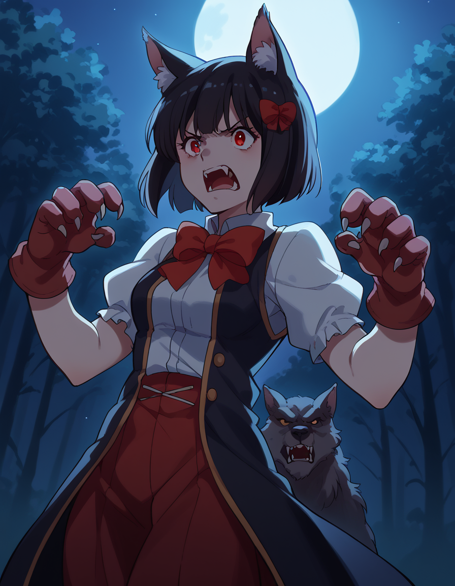 score_9, score_8_up, score_7_up, source_anime, <lora:kanade-hisaishi-movie-ponyxl-lora-nochekaiser:1>, kanade hisaishi, short hair, bangs, black hair, red eyes, bow, hair bow, red bow, medium breasts,, <lora:werewolf-ponyxl-lora-nochekaiser:1>, werewolf, furry, fangs, animal ears, gloves, angry, teeth, animal ear fluff,, forest, night, moon, open mouth, , dutch angle, cowboy shot