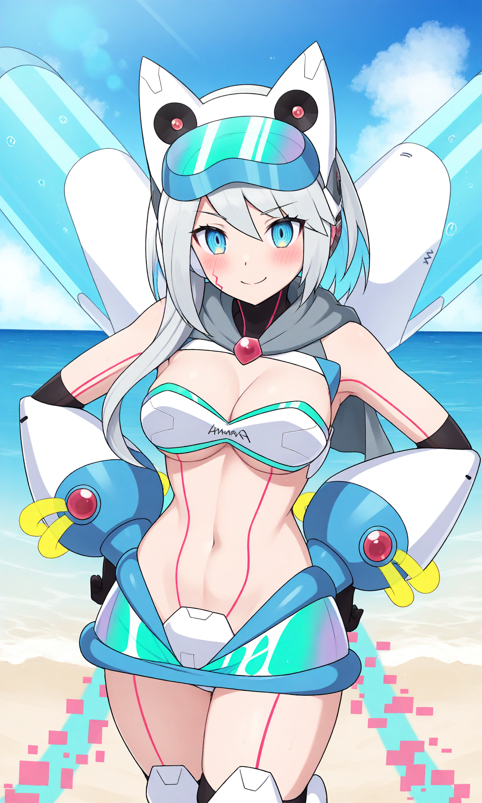 icomega, blue_eyes, grey_hair, long_hair, hair_over_shoulder, medium_breasts, mechanical_ears, diving_mask_on_head, grey_capelet, white_bikini, bikini_skirt, elbow_gloves, black_gloves, tail_ornament, white_boots, blush, looking_at_viewer, smile, outdoors, beach, water, sky, day, hands_on_own_hips,