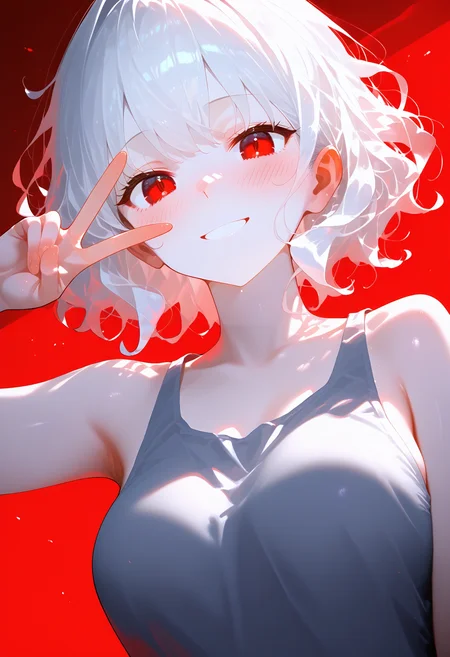 <lora:EtherPDXLStyleXL:1>, best quality, masterpiece, EtherPDXLStyle, 1girl, white hair, red eyes, short hair, short wavy hair, pale skin, tank top, red background, smile, blush, v, upper body, dutch angle, medium breasts
