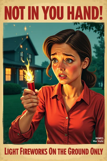 A vintage-inspired illustration of a person carelessly holding a lit firecracker in their hand, with a worried expression on their face as the fuse burns down quickly. The background is a blurred image of a house. Red, urgent text at the top screams: "NOT IN YOUR HAND! Light Fireworks On the Ground Only." Focus on the danger of holding lit explosives. <lora:REMEs_War_Poster_Style:0.95> In REME's War Poster Style,âââ
