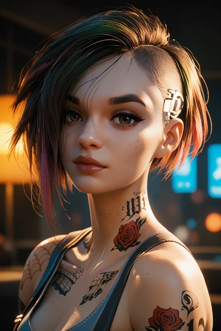 score_9, score_8_up, score_7_up, score_6_up
<lora:CyberJudy:0.8>
CyberJudy, 1girl, brown eyes, asymetrical hair, multicolored hair, tattoo, looking at viewer, portrait