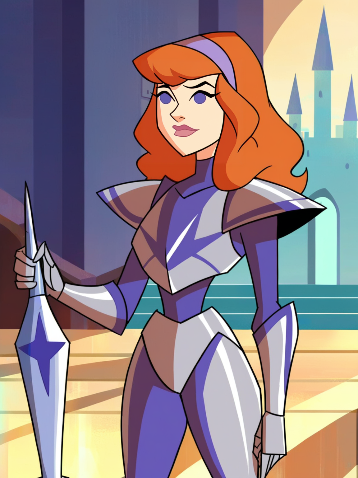 <lora:Daphna:0.7> 1girl, dp_bl, short hair, orange-red hair, bangs, lavender eyes, light-pink lipstick, light-purple headband,
((steel knight armor)), castle background, hip, score_9, score_8_up, score_7_up,