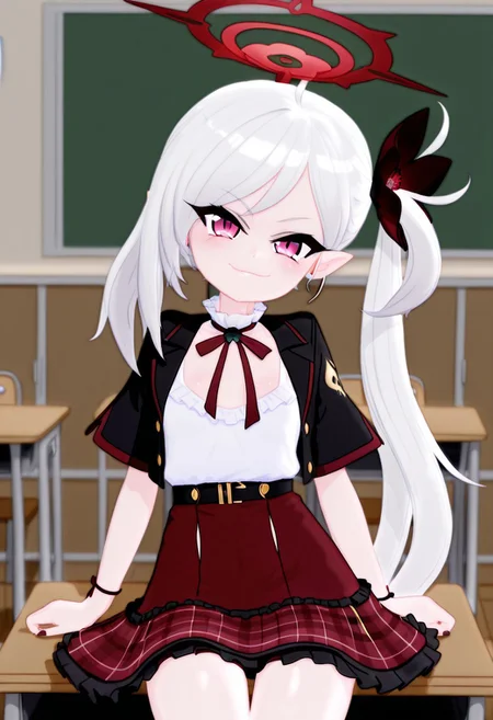 masterpiece, good quality, best quality, anime, anime snapshot, 1girl, Mutsuki_(Blue_Archive), pink_eyes, grey_hair, long_hair, side_ponytail, swept_bangs, flat_chest, pointy_ears, red_halo, black_belt, frilled_skirt, frilled_shirt_collar, red_skirt, neck_ribbon, red_ribbon, cropped_jacket, black_jacket, plaid_skirt, white_shirt, looking at viewer, front facing, detailed background, classroom background, detailed eyes, smile, smug smile, sitting on desk