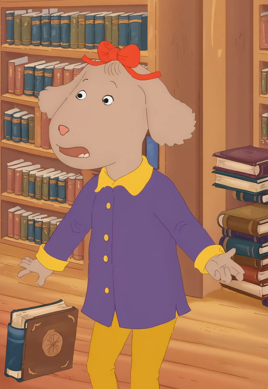 Fern Walters, 1girl, solo, anthropomorphic dog, animal ears, tannish grey fur. red bow on her head,
long sleeved purple blouse with yellow buttons, yellow pants, brown loafers
library, books, reaching for book