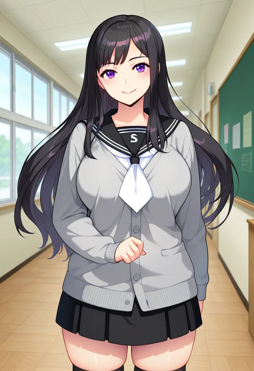 masterpiece, best quality, amazing quality, absurdres, 1girl, solo, cowboy shot, yurikoww, mature female, purple eyes, black hair, long hair, large breasts, school uniform, black serafuku, black sailor collar, white neckerchief, grey cardigan, long sleeves, black pleated skirt, black kneehighs, loafers, looking at viewer, smile, indoors, day, skindentation, detailed clothing folds, depth of field, sharp, high contrast, dynamic light <lora:Ootori_Yuriko_Saaya_Shinsou_Noise_ill:0.8>