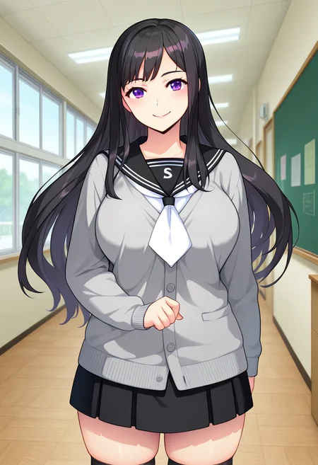 masterpiece, best quality, amazing quality, absurdres, 1girl, solo, cowboy shot, yurikoww, mature female, purple eyes, black hair, long hair, large breasts, school uniform, black serafuku, black sailor collar, white neckerchief, grey cardigan, long sleeves, black pleated skirt, black kneehighs, loafers, looking at viewer, smile, indoors, day, skindentation, detailed clothing folds, depth of field, sharp, high contrast, dynamic light <lora:Ootori_Yuriko_Saaya_Shinsou_Noise_ill:0.8>