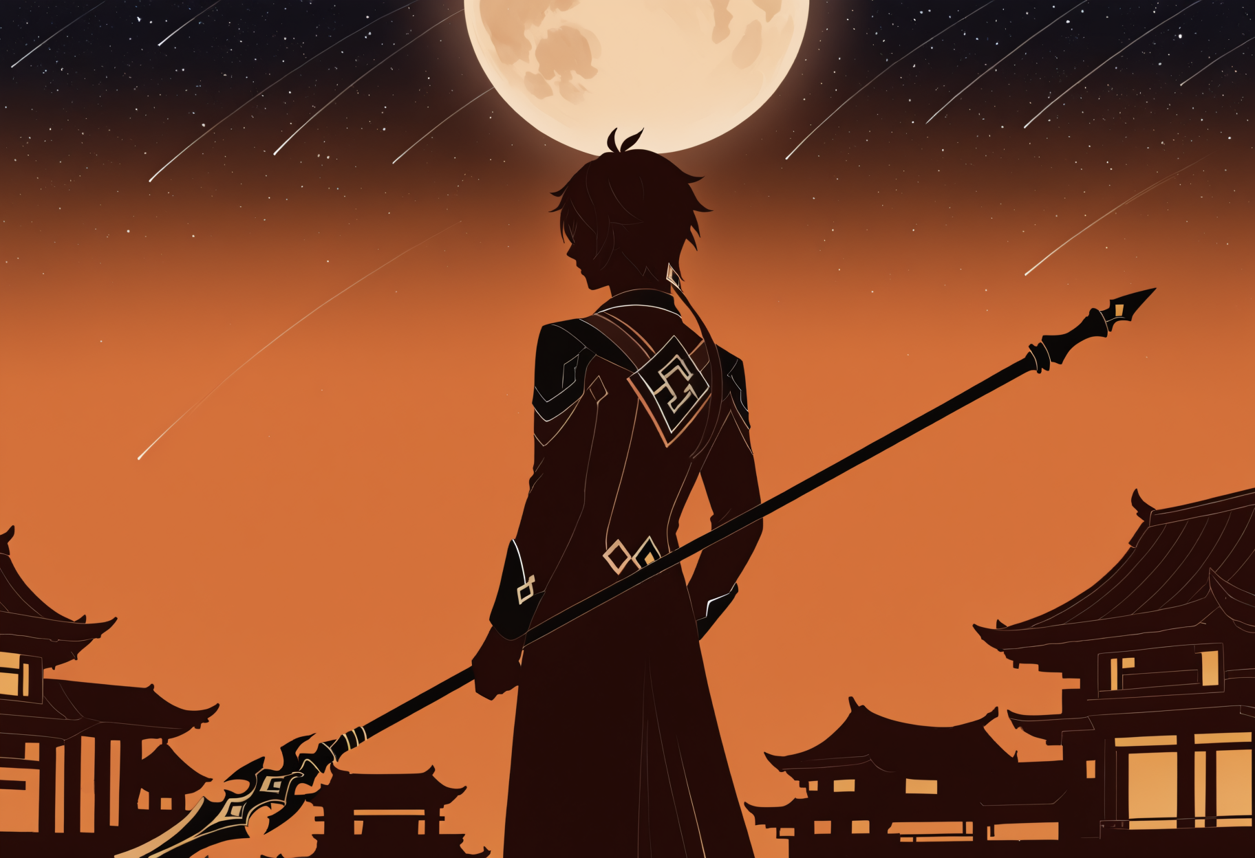 silhouette, orange theme, monochrome, from side, <lora:silhouette_sex_fuzzlogik_orange:1> minimalism, faceless, 1boy, short hair, zhongli \(genshin impact\), from behind, holding polearm, full moon, shooting star, starry sky, night sky, east asian architecture