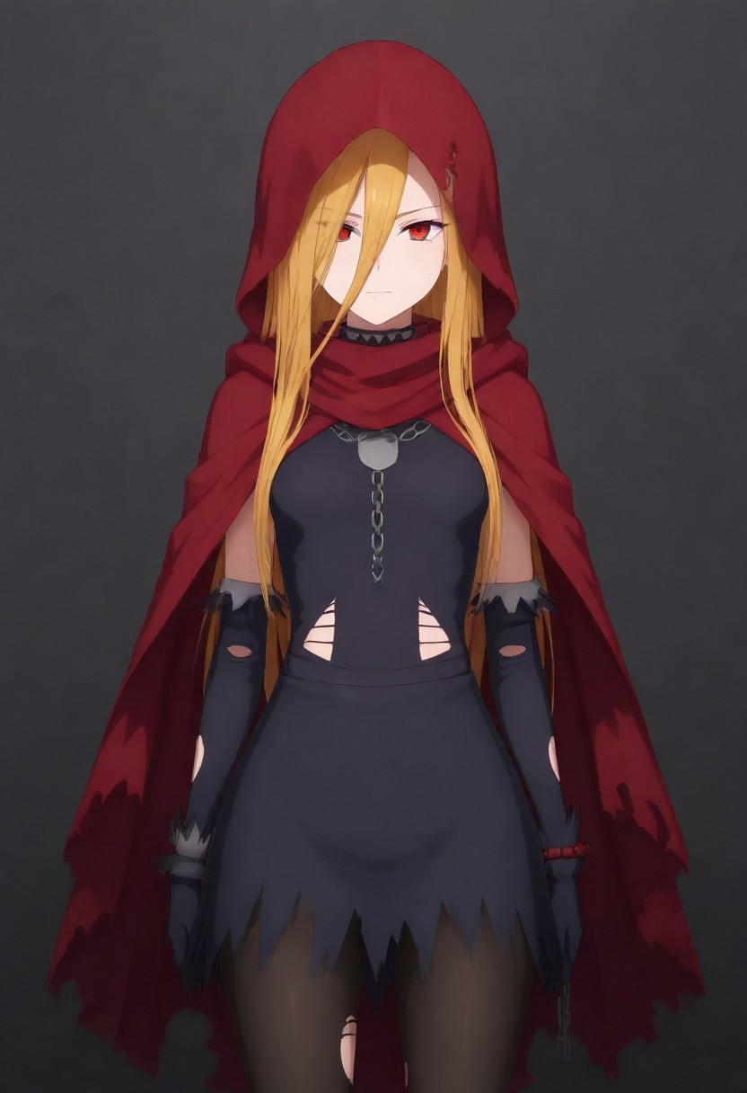 masterpiece, best quality, amazing quality,,, shiny skin,,,,,, <lora:Evileye:1> N4rb3r4lG4mm4, red eyes, blonde hair, very long hair, hair between eyes, torn clothes, hood, pantyhose, black dress, gloves, chain, hooded cloak, shackles,