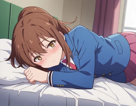 score_9, score_8_up, score_7_up, source_anime,
nanamiaoyama, <lora:nanami-aoyama-s1-ponyxl-lora-nochekaiser:1>,
nanami aoyama, long hair, bangs, brown hair, hair between eyes, brown eyes, ponytail, sidelocks,
skirt, school uniform, jacket, pleated skirt, necktie, blazer,
indoors, bed, bed room, on side, blush, drunk,
looking at viewer, cowboy shot, solo, dutch angle