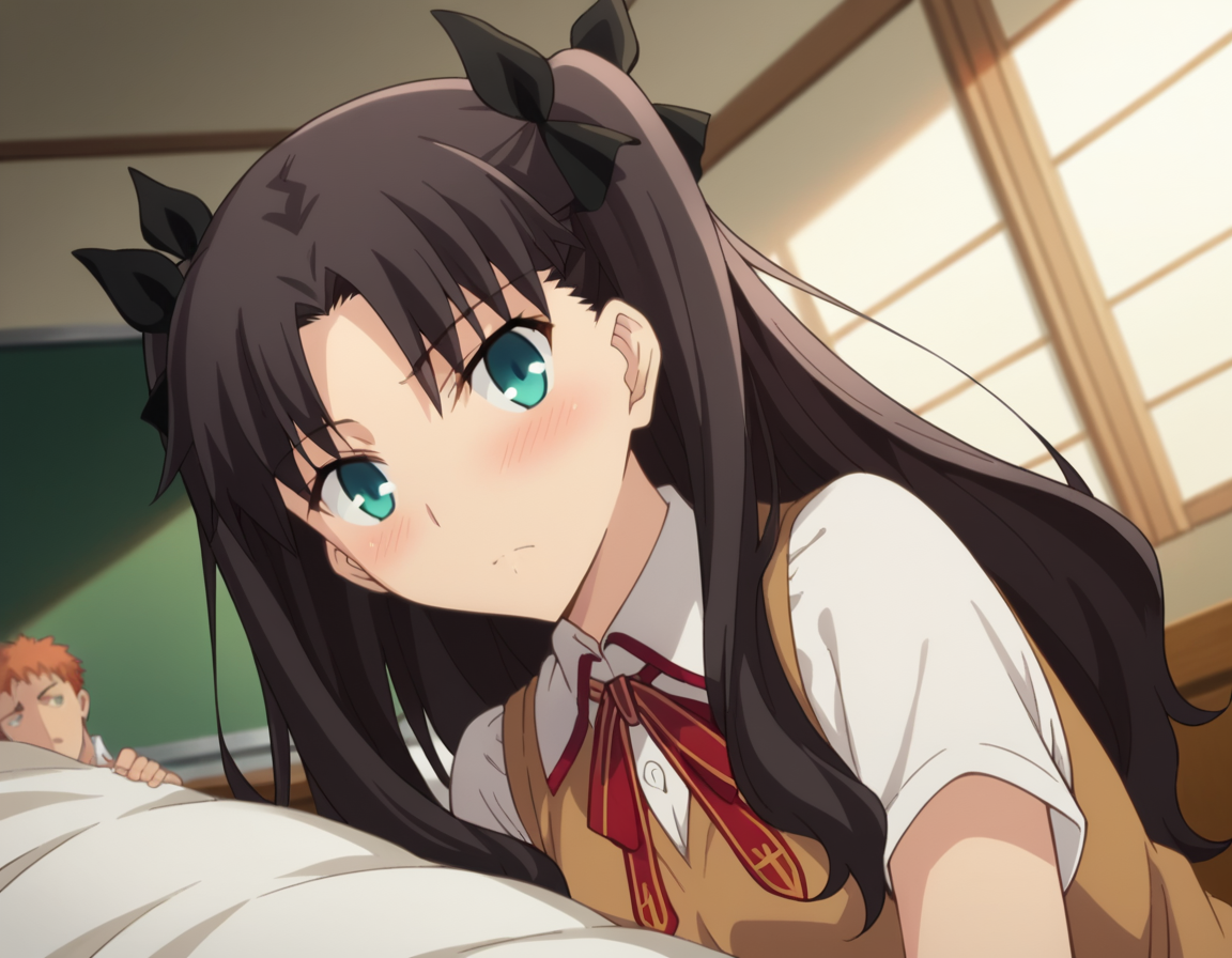 score_9, score_8_up, score_7_up, source_anime,
rintohsaka, <lora:rin-tohsaka-ubw-ponyxl-lora-nochekaiser:1>,
rin tohsaka, aqua eyes, black hair, hair ribbon, long hair, ribbon, sidelocks, two side up, parted bangs,
brown sweater vest, collared shirt, homurahara academy school uniform, neck ribbon, red ribbon, ribbon, school uniform, shirt, sweater vest, white shirt,
indoors, bed, bed room, on side, blush, drunk,
looking at viewer, dutch angle, cowboy shot,