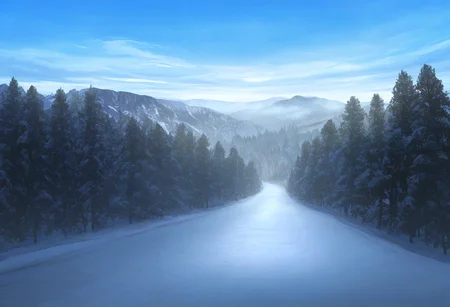 very awa, masterpiece, best quality, hightres, absurdres,outdoors, sky, cloud, tree, no humans, cloudy sky, nature, scenery, snow, forest, mountain, road, winter, fog, fataStyle, <lora:FATAIL:1>