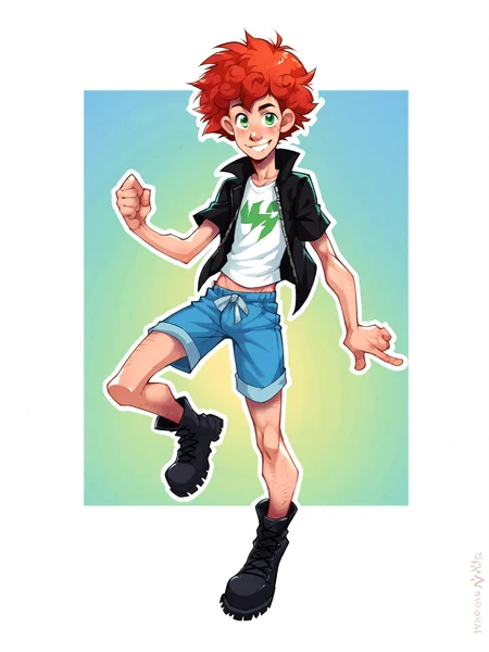 score_9, score_8up, score_7up, score_6up, score_5up, score_4up, BREAK
y0shka, abstract background, BREAK
male, solo, red hair, curly hair, green eyes, clothed, shorts, boots, BREAK
source_cartoon, rating_safe, BREAK
<lora:Yoshka:1>