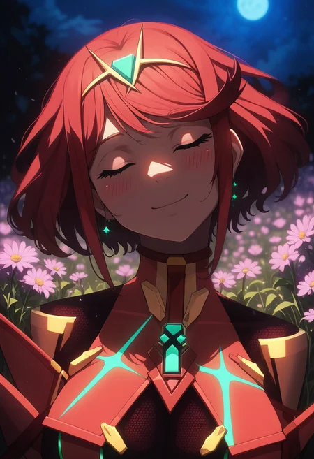 score_9, score_8_up, score_7_up, a girl, field of flowers, solo, <lora:pyra-xb-richy-v1_pdxl:0.8> prdef, closed eyes, red hair, short hair, tiara, earrings, chest jewel, large breasts, impossible clothes, close-up, smile, head tilt, GLSHS, partially illuminated, moonlight, volumetric lighting, blush, long eyelashes