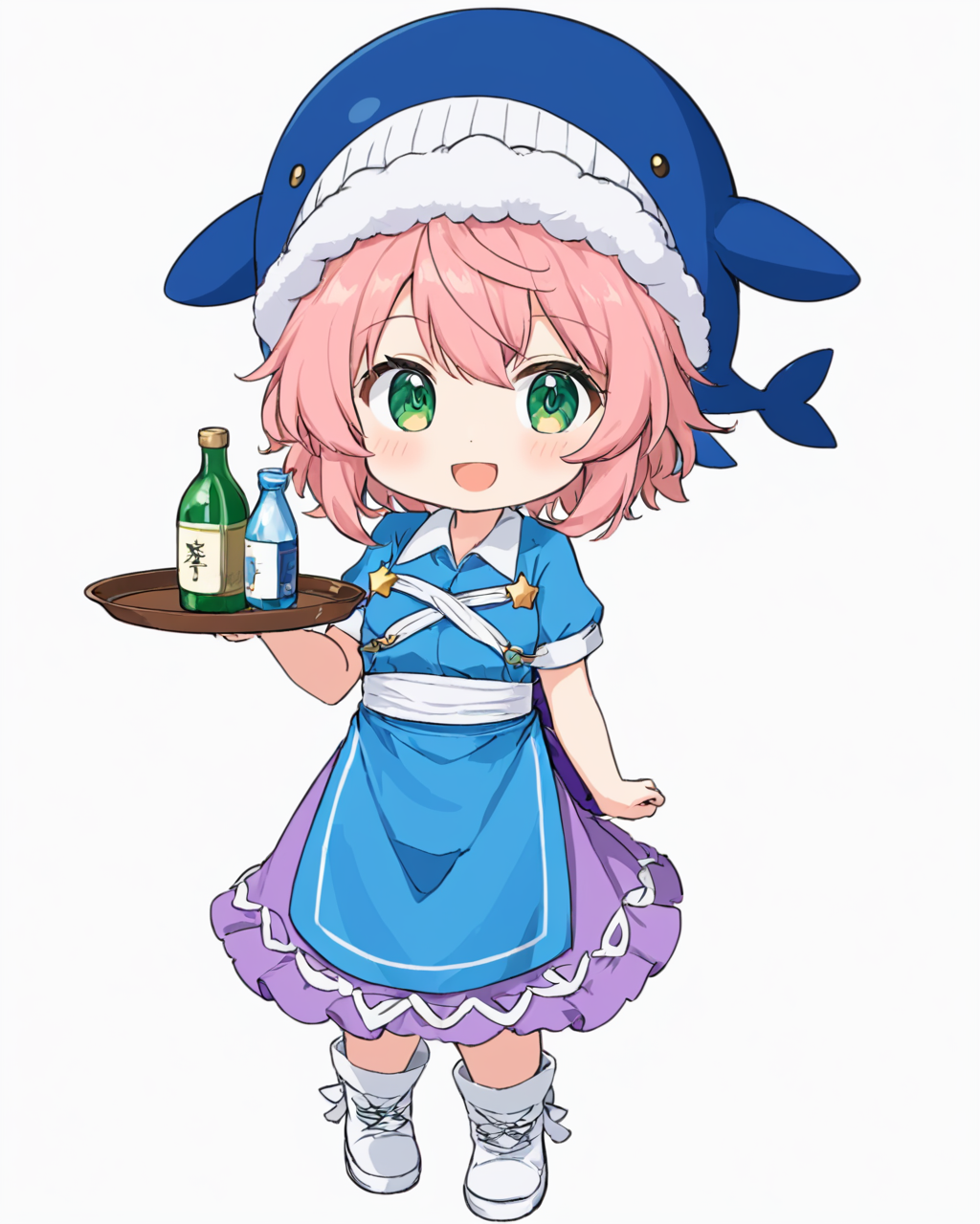 okunoda miyoi,1girl, solo, white_background, fish_print, simple_background, open_mouth, blue_headwear, standing, smile, purple_skirt, short_sleeves, blue_shirt, blue_apron, tokkuri, full_body, white_footwear, one-hour_drawing_challenge, bottle, animal_hat, white_belt, looking_at_viewer, boots, chibi, holding_tray
<lora:okunoda_miyoi_image445_2023-12-20-000010:1>,star-shaped_pupils,symbol-shaped_pupils,. gorgeous,key visual, vibrant, studio anime,award-winning, professional, highly detailed,high budget, cinemascope