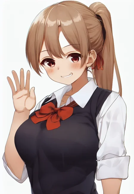 ponytail, by kaisen chuui, 1girl, solo, white collared shirt, smile, simple background, anatomy, upper body, looking at viewer, smug, waving, painterly, light brown hair, red ribbon <lora:kaisenchuui-v1-8k-lora:2>