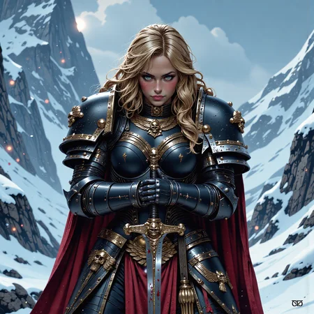 An atmospheric dark fantasy artwork depicts a powerful Viking warrior, a female figure clad in intricate Vikingpunk power armor armor, as she takes a moment of respite in a snowy mountain landscape. With her head bowed, her blonde hair cascades over her face, concealing her expression. She wields a mighty sword, its dark steel stained with the blood of her fallen foes, evident in the crimson snow around her. This classical-style painting captures a cinematic moment, showcasing the beauty and strength of a warrior amidst a harsh and unforgiving environment, leaving viewers captivated by her resilience and the untold stories of her journey. <lora:scifi/fluxVikingPunk_v1:0.4>, <lora:flux/FluxMythP0rtr4itStyle:0.8>, mythp0rt,<lora:scifi/FluxBlackT40k:0.8>, blackt40k,<lora:flux/Herbst_Photo_35mm v2>, herbstphoto,