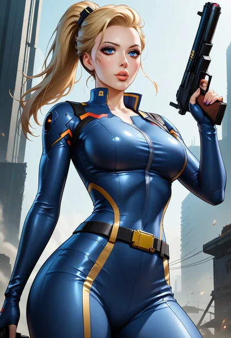 woman in cyberpunk era, young, fallout series soldier, cartoon, anime, slim, fit and slender figure, firm breasts, she is a villain standing above viewer, view from below, gun aiming at viewer, blonde ponytail hair, alluring makeup, captivating blue eyes, an upturned nose, a delicate jawline, parted pouty full lips, slutty uniform,