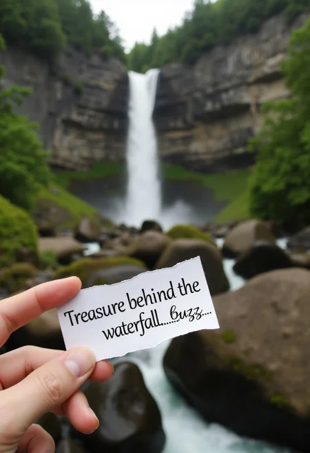 A hand holds a piece of torn paper with the words 'Treasure behind the waterfall. Buzz....buzz' written on it. In the background, a stunning waterfall cascades down rocky cliffs, surrounded by lush greenery. The scene conveys a sense of adventure and tranquility