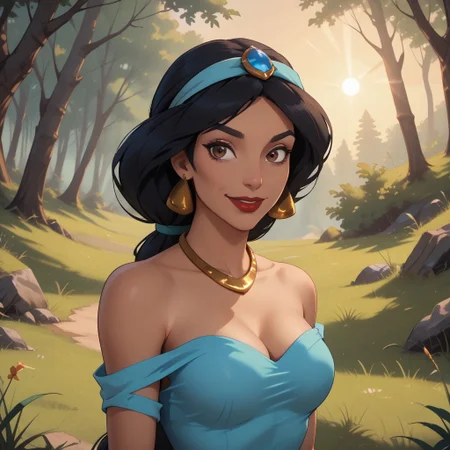 score_9, score_8, BREAK, solo, princess jasmine, 1girl, solo, arabian woman, brown skin, black hair, red lips, brown eyes, ponytail hair, turquoise headband with sapphire, golden earrings, golden necklace, sky blue bedlah top, sky blue matching salwar pants, sexy pose, self portrait, smile, outdoors, sunlight, shadows, evening lighting, natural lighting, forest, trees, grass, orange sky, sunset