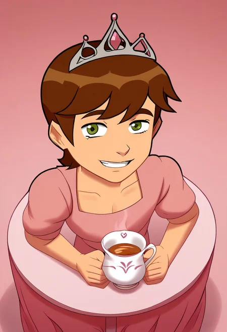deadinsidestyle, (chb), from slight above angle, sitting at table, tea cup, tea pot, pink theme, pink dress, tiara, ((Solo)), Looking at viewer, Smiling,