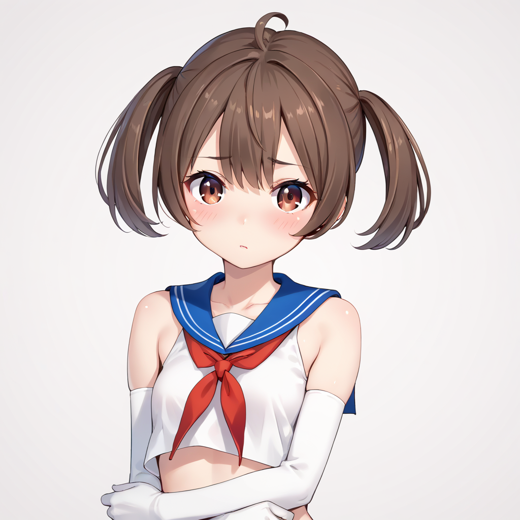 score_9, score_8_up, score_7_up, simple background, blush,
1girl,  bdgunner, brown eyes, short twintails, bare shoulders, serafuku, elbow gloves, 
<lora:bdgunner_pony_v1:0.8>