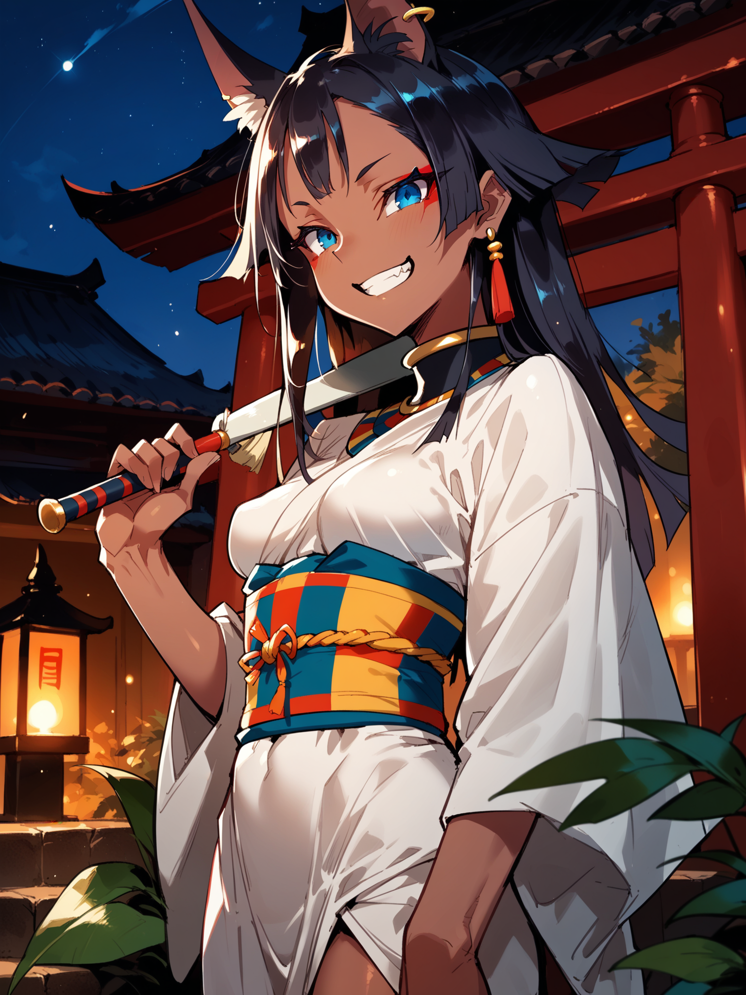 (cowboy shot, solo:1.1) <lora:happy_tentacle-mummy-v0.2-000024:0.9>, ht_mummy, blue eyes, medium breasts, dark-skinned female, jackal ears, hair flaps, ear piercing, (petite:1.2), <lora:Shed_The_Skin's StS_age_slider_v1_initial_release:-1.1> ( :1.1) ( , (jitome :1.2) , ( :1.2) , grin , :1) , outdoors, vegetation, ( :1.1), , (night, night sky :0.6), , (:0.5), , ( :0.8), shrine, kimono ( :0.8) score_9, score_8_up, score_7_up, score_6_up, score_5_up, score_4_up, ( [(realistic, photorealistic:1.3):(realistic:1.2):18] [(3d:1.2)::16] :1) <lora:LUUNA's Lunas-NijiJourney-SDXL-B2:0.35>, nijijourney <lora:prgfrg23's Counterfeit-V3.0 Style SDXL_LoRA_Pony Diffusion V6 XL:0.5> <lora:mfcg's mfcgXL:0.12> <lora:reweik's gyokai(himehajime)_PonyXL_style_v01:0.14>