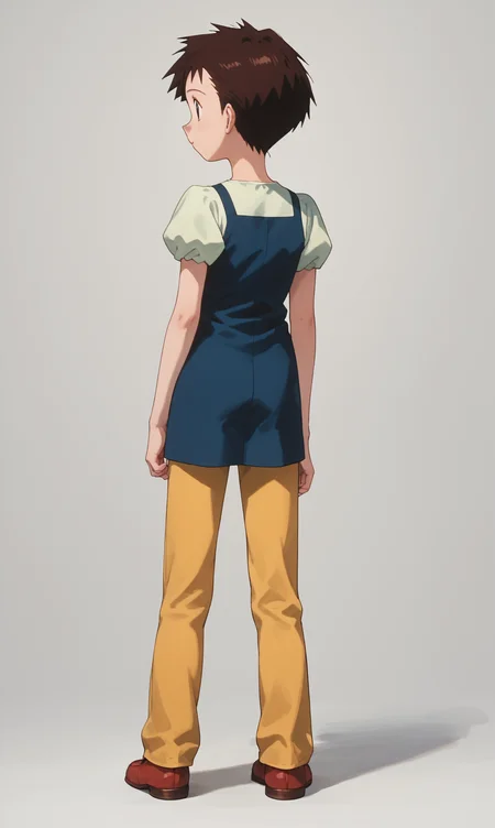 score_9, score_8_up, score_7_up, 1girl, solo, source_anime, pkmArielle, short hair, brown hair, solo, short  short sleeves,  brown eyes<lora:pkmArielle:1>simple background, white background, full body, standing, from behind, looking back,