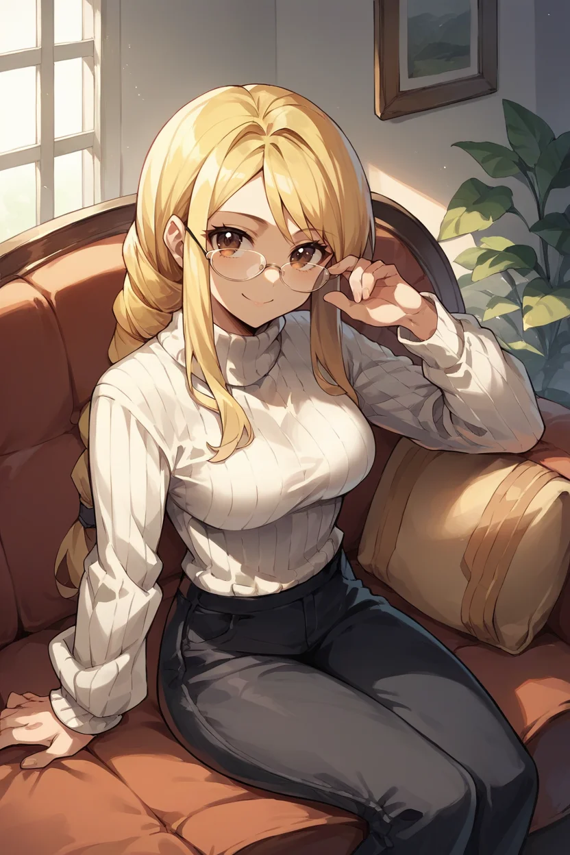 score_9, score_8_up, score_7_up, score_6_up, source_anime, 1girl, solo BREAK <lora:agrias-pdxl-nvwls-v1-000005:0.9> agrias, blonde hair, brown eyes, braided ponytail, white sweater, cable-knit sweater, black pants, medium breasts, glasses, smile, couch, sitting, lounge, looking at you